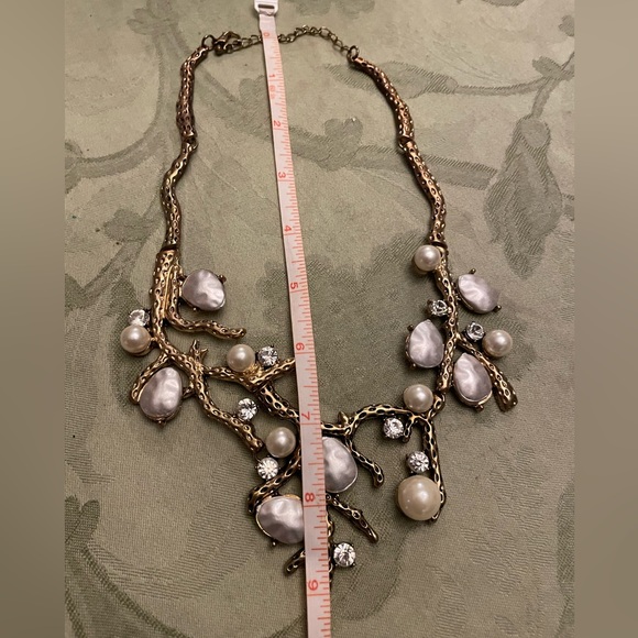 Organic Design of Bronze Tree Branch Faux Pearls & Rhinestone Statement Necklace - Picture 11 of 15
